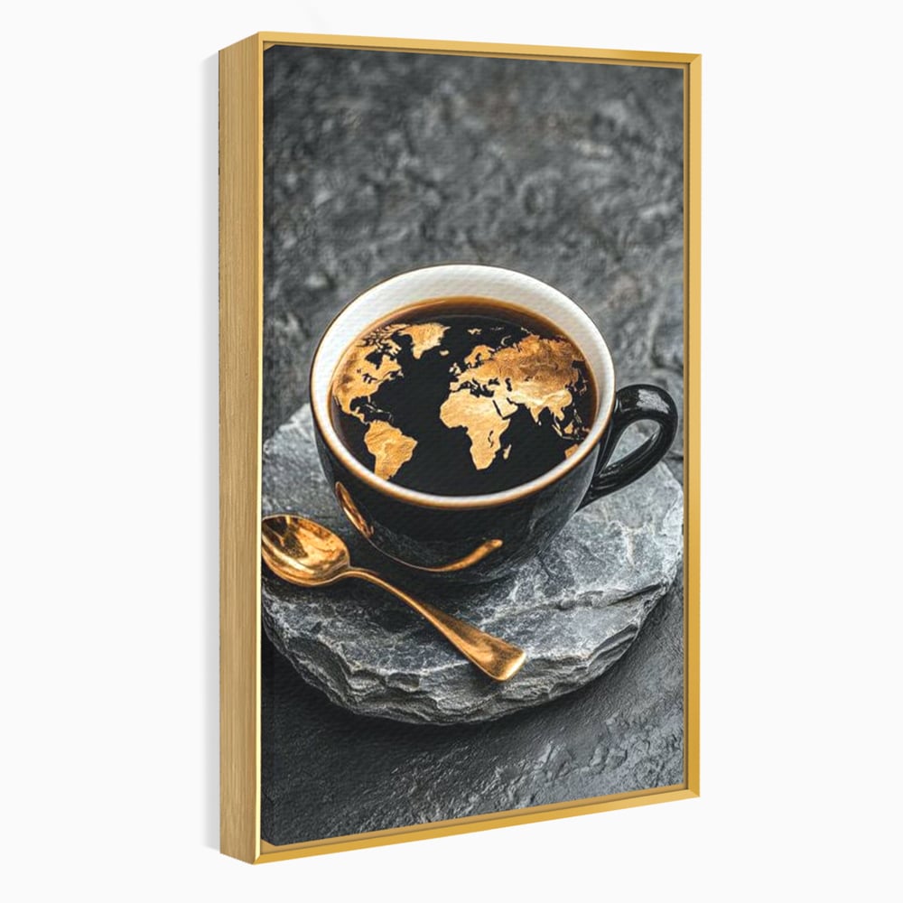 Tablou canvas cu tablou canvas cu ceasca de cafea si harta lumii, in rama de aluminiu auriu